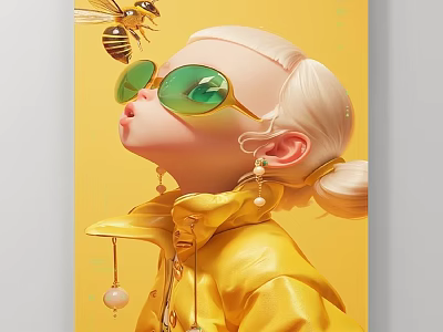 Vibrant Character Portrait With Blonde Ponytail Green Sunglasses Yellow Leather Jacket And Bee 3d model