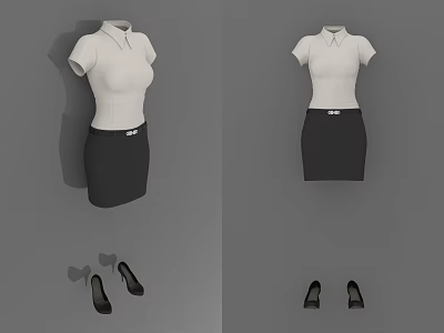 Women's Professional Attire White Short Sleeve Shirt Black Skirt Belt And Heels 3d model