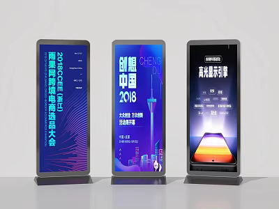 Three Modern Digital Display Screens Showing Event Information And Music Content 3d model