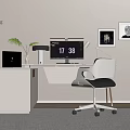 Modern White Office Desk Setup With Green Plant Black Laptop Digital Clock And Framed Art