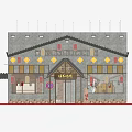 Traditional Chinese Restaurant Interior With Red Lanterns Hanging Banners And Straw Roof