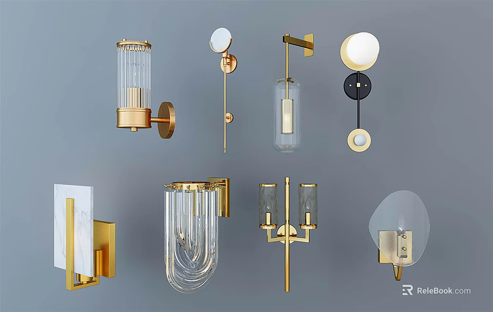 Modern Wall Lamps With Glass Shades And Gold Metal Bases In Various Styles 3d model 