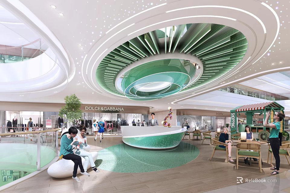 Modern Shopping Mall Retail Counter With Customers Shopping Circular Green Ceiling Design 3d model 