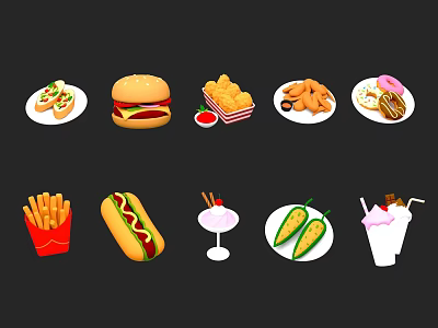 Delicious Assorted Fast Food Selection Featuring Hamburger Fries Hot Dog Fried Chicken Donuts and Milkshake 3d model