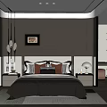 Modern Bedroom Interior With Large Window City View Wall Art And Dark Bedding