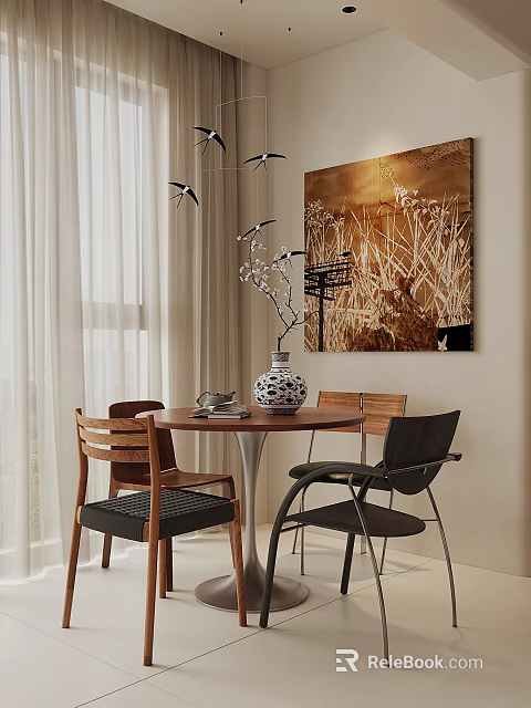 Modern Restaurant Interior With Round Wooden Table Chairs Vase Large Abstract Painting White Curtains Chandelier 3d model 