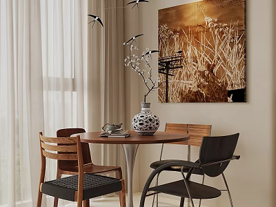Modern Restaurant Interior With Round Wooden Table Chairs Vase Large Abstract Painting White Curtains Chandelier 3d model