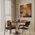 Modern Restaurant Interior With Round Wooden Table Chairs Vase Large Abstract Painting White Curtains Chandelier