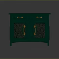 Elegant Teal Green Entryway Side Cabinet With Carved Design Golden Handles And Drawers