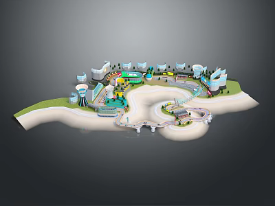 Cartoon Style Theme Park Scene With Fun Attractions Colorful Buildings And Green Areas 3d model