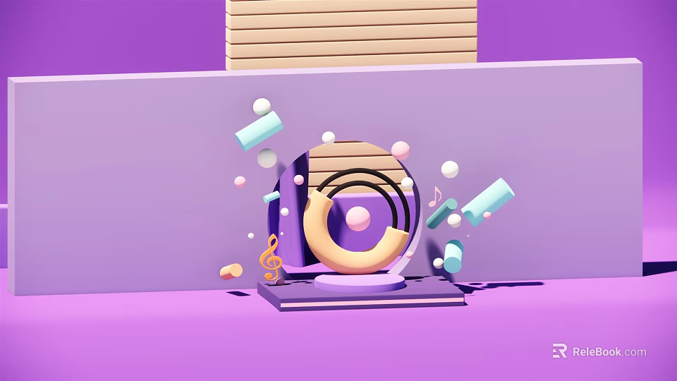 Vinyl Player Decor With Music Notes Colorful Shapes On Purple Background Wooden Panel 3d model 