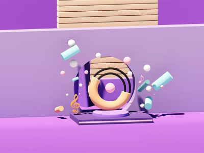 Vinyl Player Decor With Music Notes Colorful Shapes On Purple Background Wooden Panel 3d model