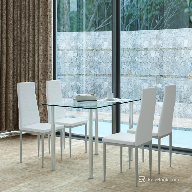 Modern Dining Table Set With Glass Top White Chairs And Stone Wall Windows 3d model