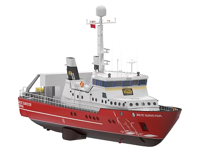Red And White Military Warship With Antennas Scientific Equipment And Yellow Logo 3d model