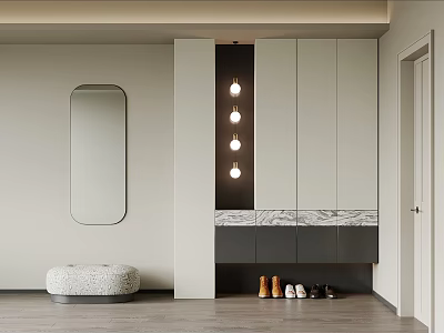 Modern Shoe Cabinet With Oval Mirror Pendant Lights Marble Countertop And Faux Fur Stool 3d model
