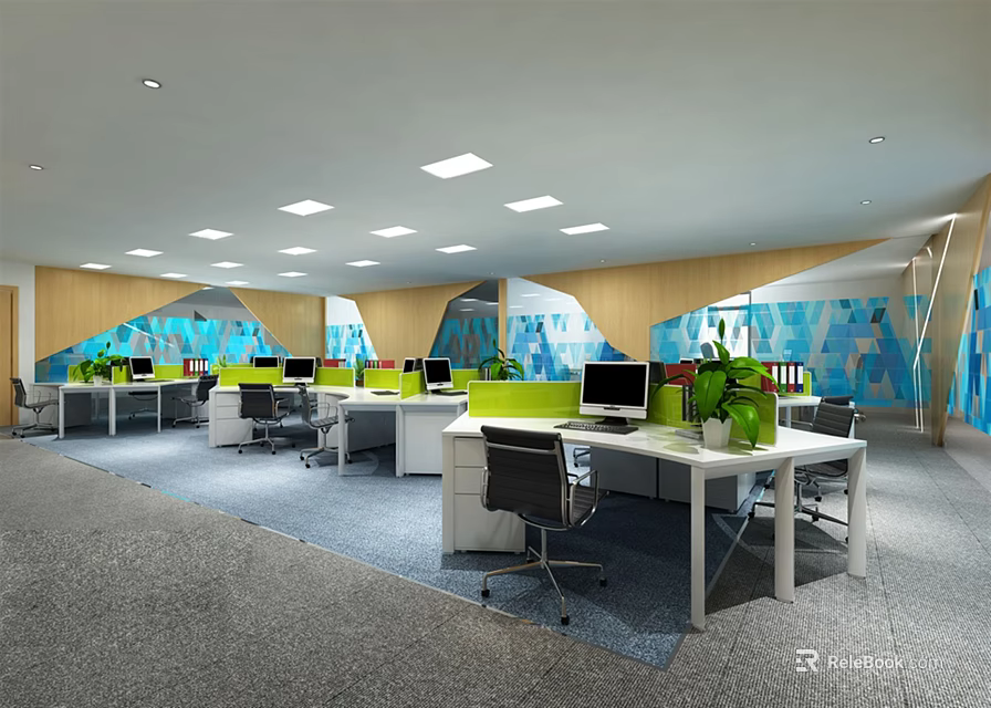 Modern Public Office Space With Desks Computers Green Plants Wall Decor And Bright Lighting 3d model 