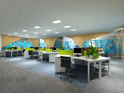 Modern Public Office Space With Desks Computers Green Plants Wall Decor And Bright Lighting 3d model