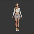 Woman in white crop top with long sleeves and plaid pleated skirt in strapped high heels