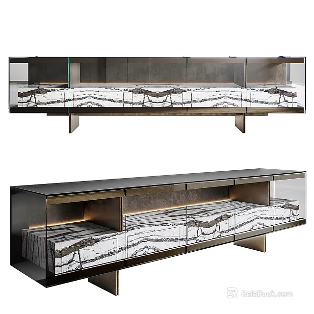 Modern TV Stand With Marble Texture Glass Doors Drawers And Built In LED Lighting 3d model 