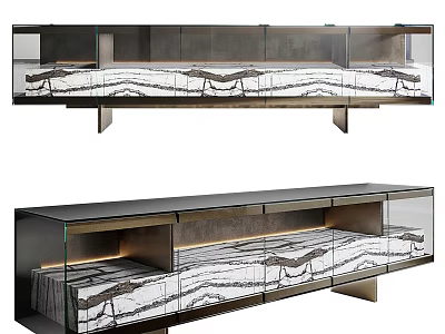 Modern TV Stand With Marble Texture Glass Doors Drawers And Built In LED Lighting 3d model