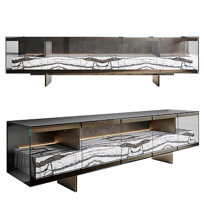 Modern TV Stand With Marble Texture Glass Doors Drawers And Built In LED Lighting 3d model
