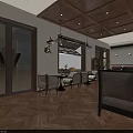 Cozy Café Interior With Wooden Ceiling Hanging Lights Coffee Bar Green Plants And Herringbone Floor