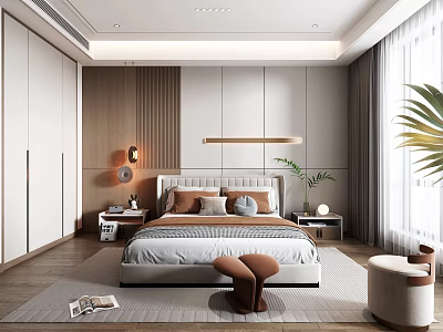 Modern Bedroom Interior Design With Upholstered Headboard White Wardrobes Wooden Floor And Indoor Plants 3d model