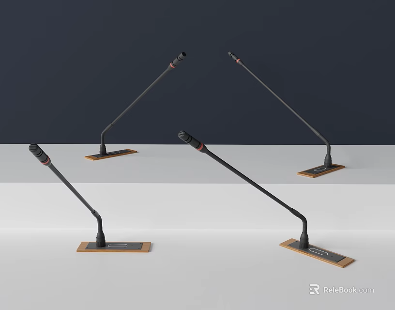 Four Professional Microphones With Black Poles And Square Brown Bases On Grey White Gradient Background 3d model 