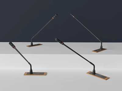 Four Professional Microphones With Black Poles And Square Brown Bases On Grey White Gradient Background 3d model