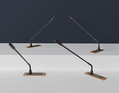 Four Professional Microphones With Black Poles And Square Brown Bases On Grey White Gradient Background 3d model