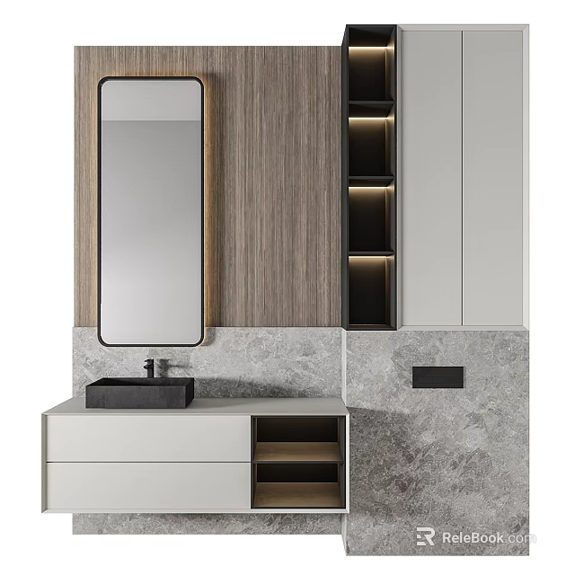 Modern Washbasin With Wooden Wall Gray Marble Countertop Mirror And Cabinet Drawers 3d model 
