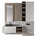 Modern Washbasin With Wooden Wall Gray Marble Countertop Mirror And Cabinet Drawers