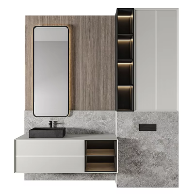 Modern Washbasin With Wooden Wall Gray Marble Countertop Mirror And Cabinet Drawers 3d model