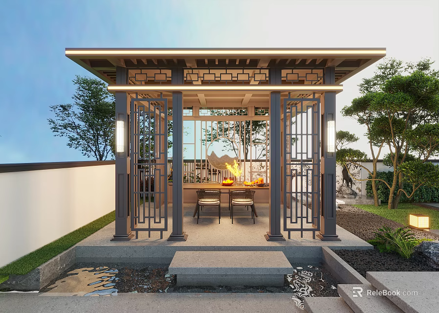 Traditional Chinese Pavilion Garden Space With Wooden Tables Chairs Green Plants And Water 3d model 