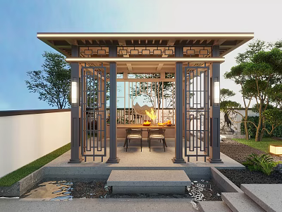 Traditional Chinese Pavilion Garden Space With Wooden Tables Chairs Green Plants And Water 3d model
