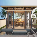 Traditional Chinese Pavilion Garden Space With Wooden Tables Chairs Green Plants And Water