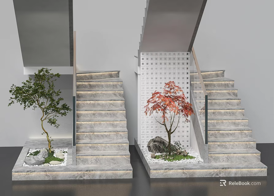 Modern Staircase Design With Marble Steps Green Red Trees And Metal Railings 3d model 