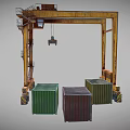Yellow Industrial Gantry Crane With Rustic Metal Frame And Multicolored Containers Below