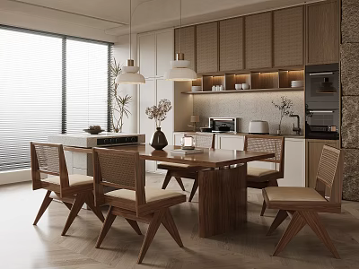 Modern Restaurant Interior With Wooden Dining Table Chairs Pendant Lights And Large Windows 3d model