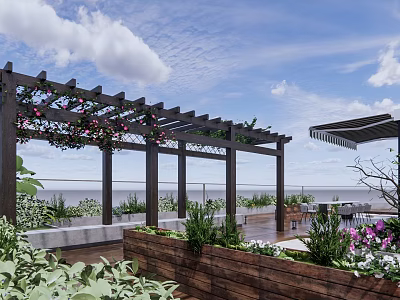 Rooftop Garden Design With Wooden Pergola Climbing Plants Planters And Sea View Terrace Area 3d model