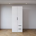 White Wardrobe With Three Doors Two Drawers And Black Handles On Wooden Floor