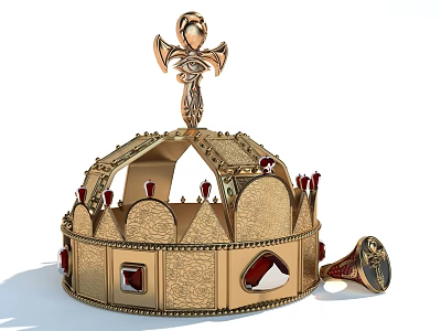 Elegant Gold Royal Crown Jewelry With Cross Red Gemstones And Intricate Carvings 3d model Elegant Gold Royal Crown Jewelry With Cross Red Gemstones And Intricate Carvings 3d model