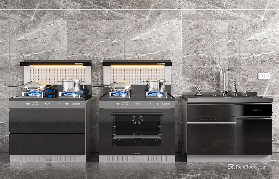 Modern Kitchen Appliances With Built-in Cooktops Ovens And Sleek Sink Integration Design 3d model 