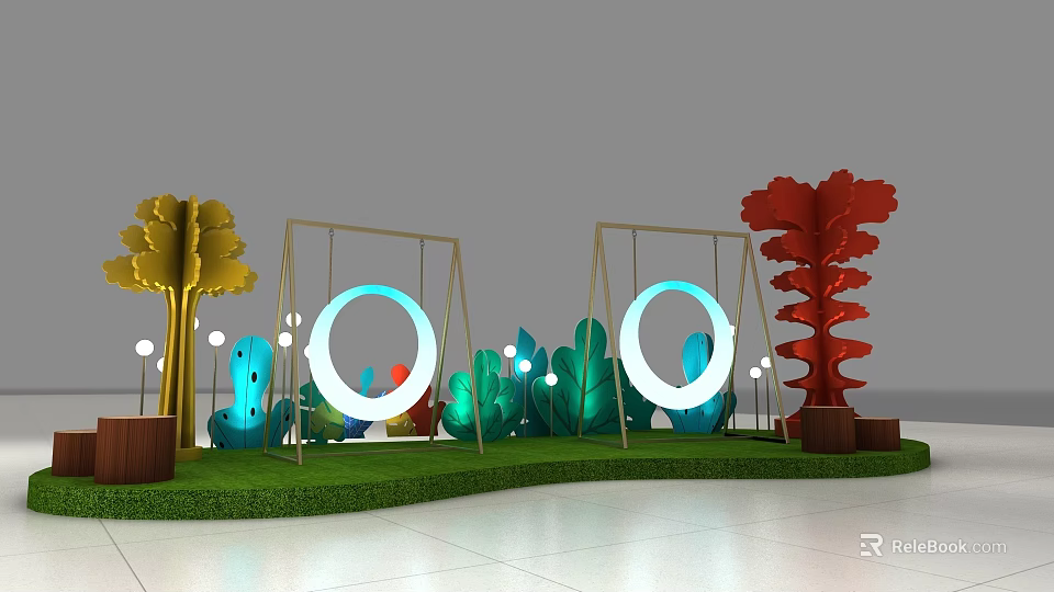 Outdoor Playground Scene With Colorful Trees Illuminated Rings And Swings On Green Grass 3d model