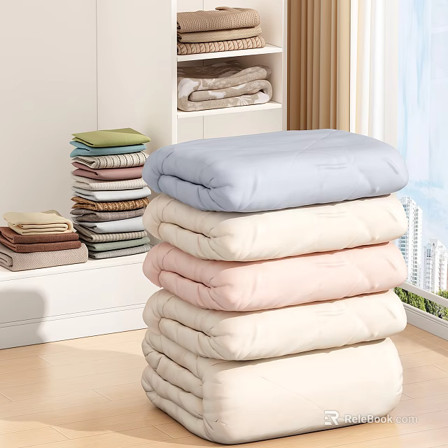 Neatly Stacked Soft Clothes With Light Blue Beige Pink Quilts And Folded Towels By Window 3d model 