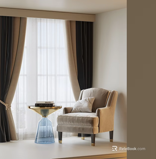 Beige Single Sofa Interior With Sunlit Window Dark Light Curtains And Side Table With Books 3d model