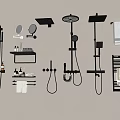 Modern Shower Systems In Bathroom With Wall Mounted Shelves Mirror Towels And Toiletries