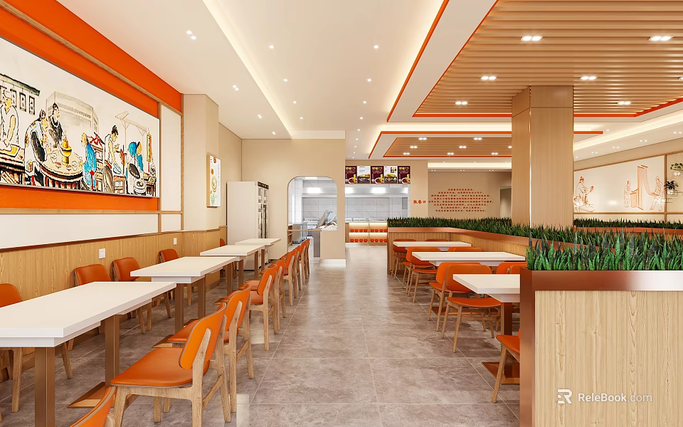 Bright Restaurant Interior Featuring Orange Chairs White Tables Mural Paintings Open Kitchen And Green Plants 3d model 