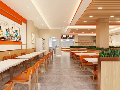 Bright Restaurant Interior Featuring Orange Chairs White Tables Mural Paintings Open Kitchen And Green Plants 3d model