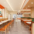 Bright Restaurant Interior Featuring Orange Chairs White Tables Mural Paintings Open Kitchen And Green Plants